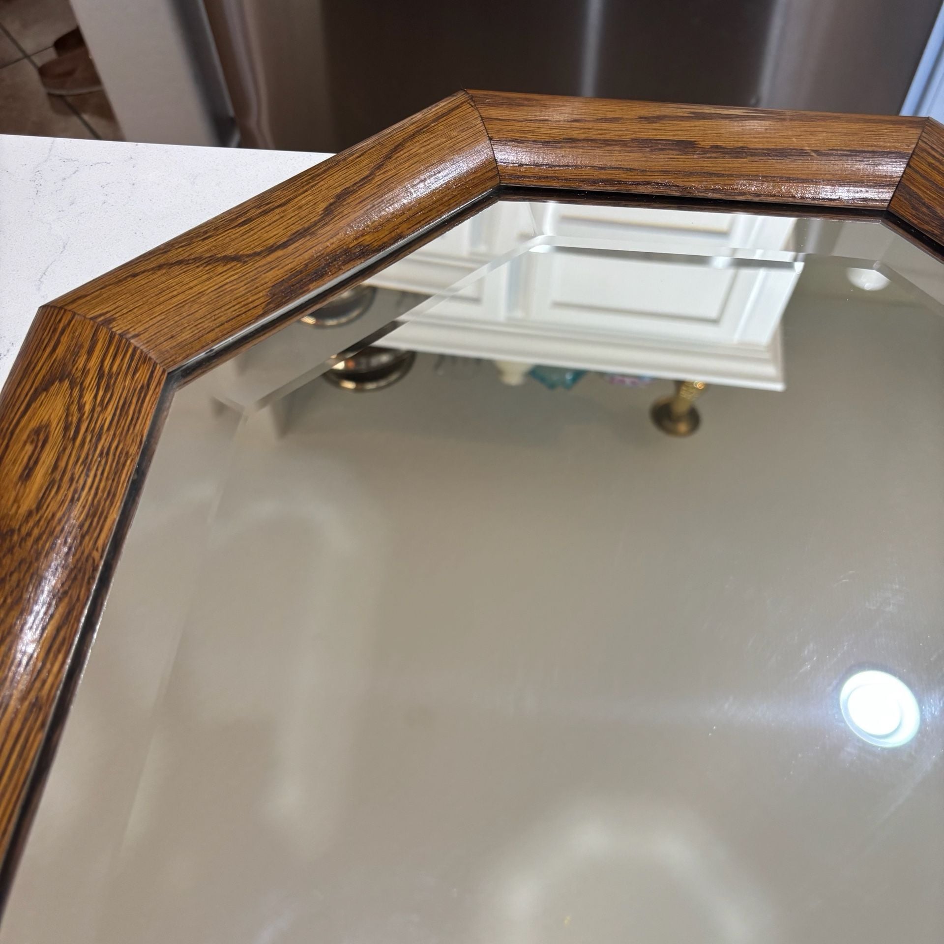 Vintage Oak Framed Octagonal Beveled Wall Mirror 28”x18” 10