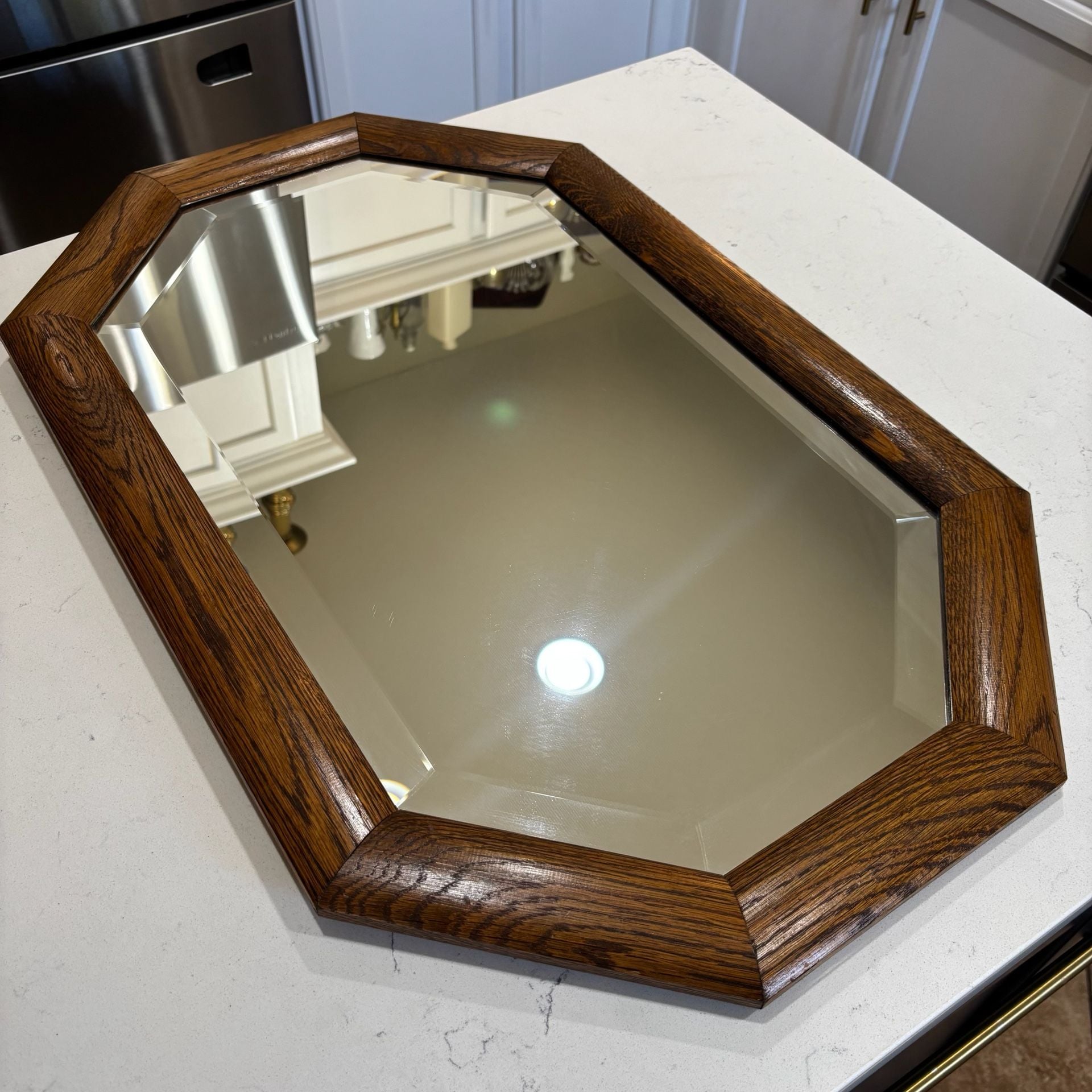 Vintage Oak Framed Octagonal Beveled Wall Mirror 28”x18” 11