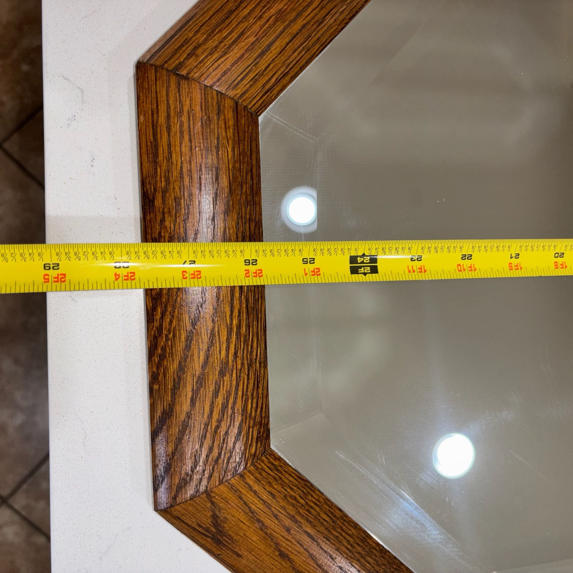 Vintage Oak Framed Octagonal Beveled Wall Mirror 28”x18” 13