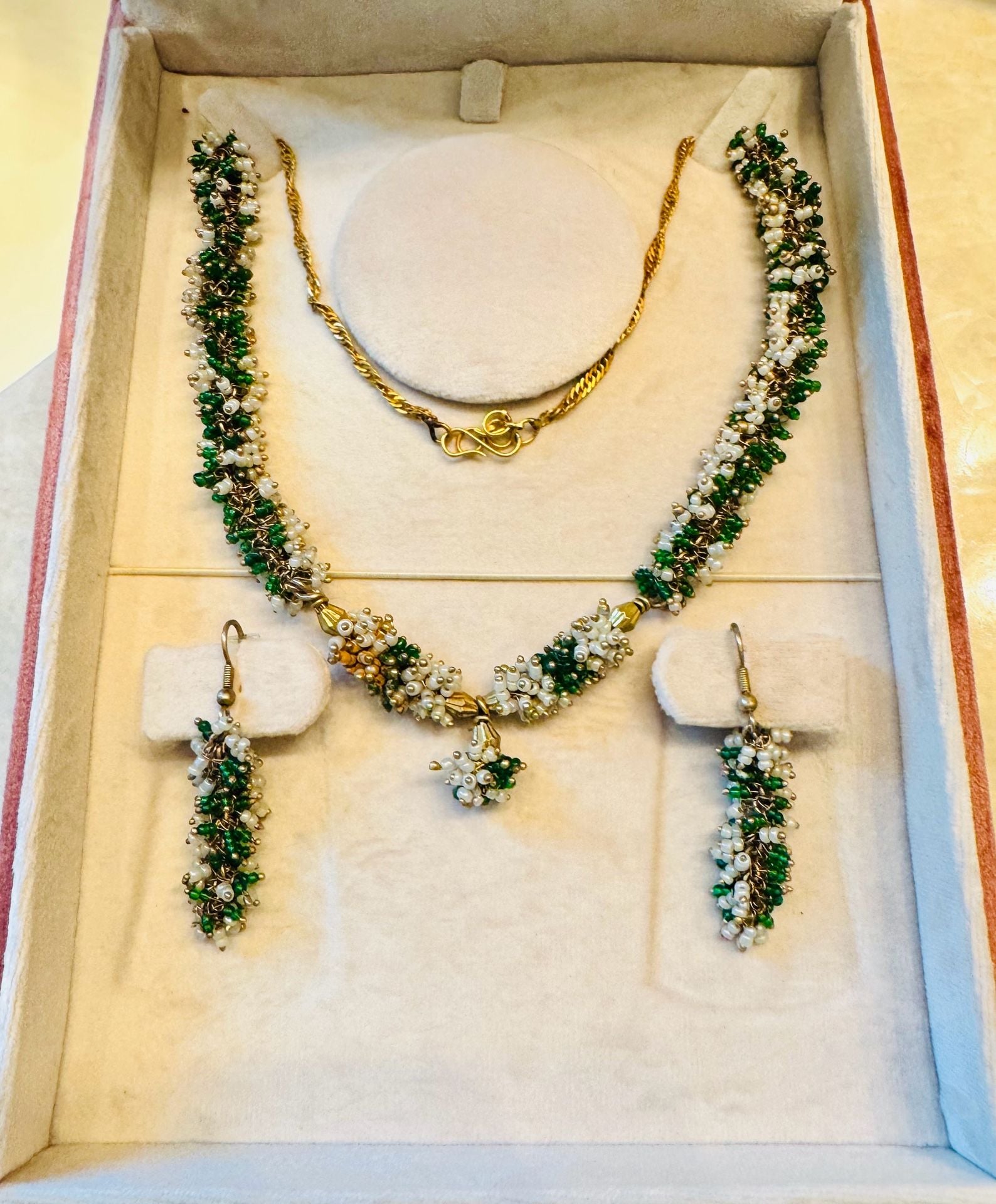 Green and White Beaded Necklace and Earring Set with Gold Accents 1