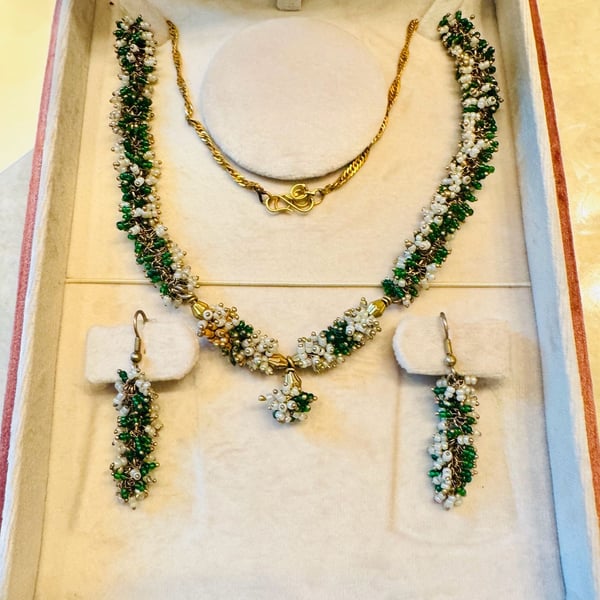 Green and White Beaded Necklace and Earring Set with Gold Accents