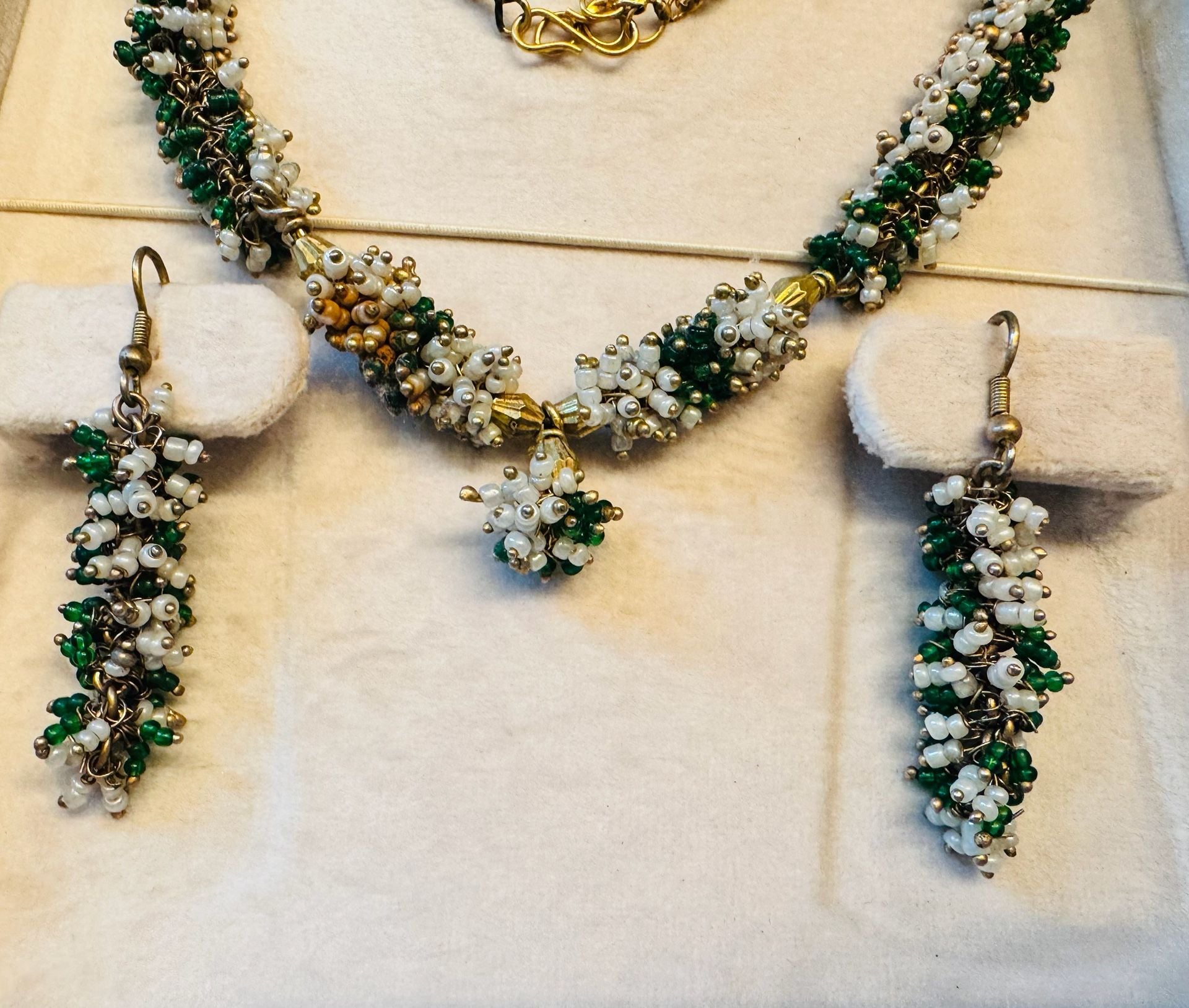 Green and White Beaded Necklace and Earring Set with Gold Accents 2