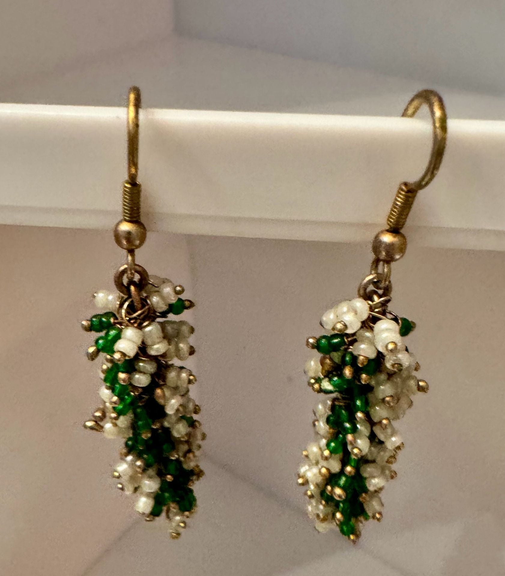 Green and White Beaded Necklace and Earring Set with Gold Accents 3
