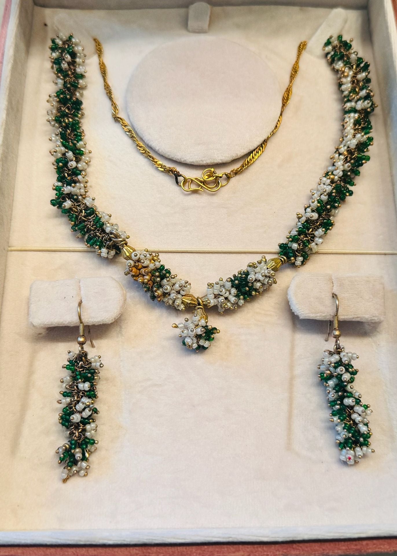 Green and White Beaded Necklace and Earring Set with Gold Accents 4