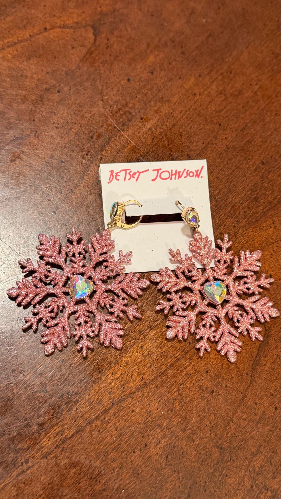 Betsey Johnson Pink Glitter Snowflake Earrings 2