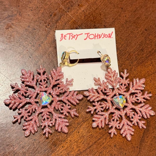 Betsey Johnson Pink Glitter Snowflake Earrings