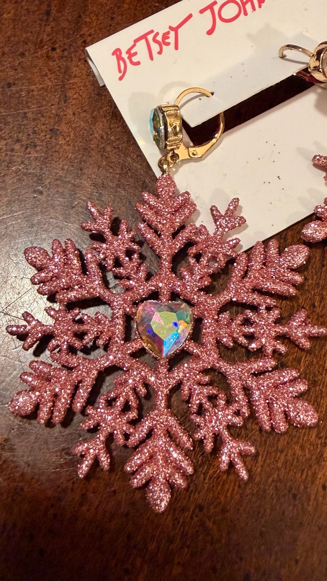 Betsey Johnson Pink Glitter Snowflake Earrings 4