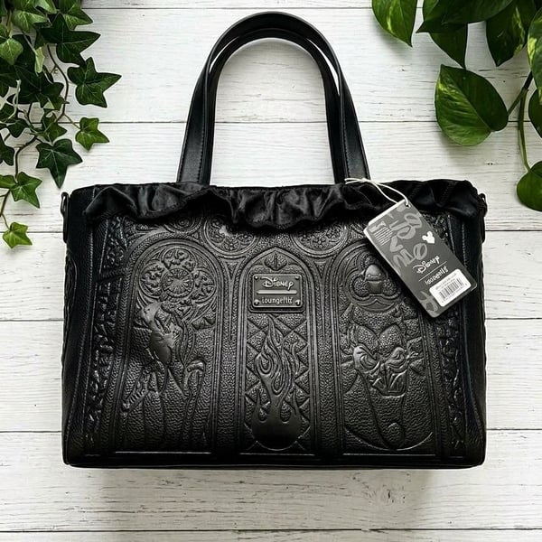 Loungefly Disney Villains Stained Glass Tote Bag Black Leather