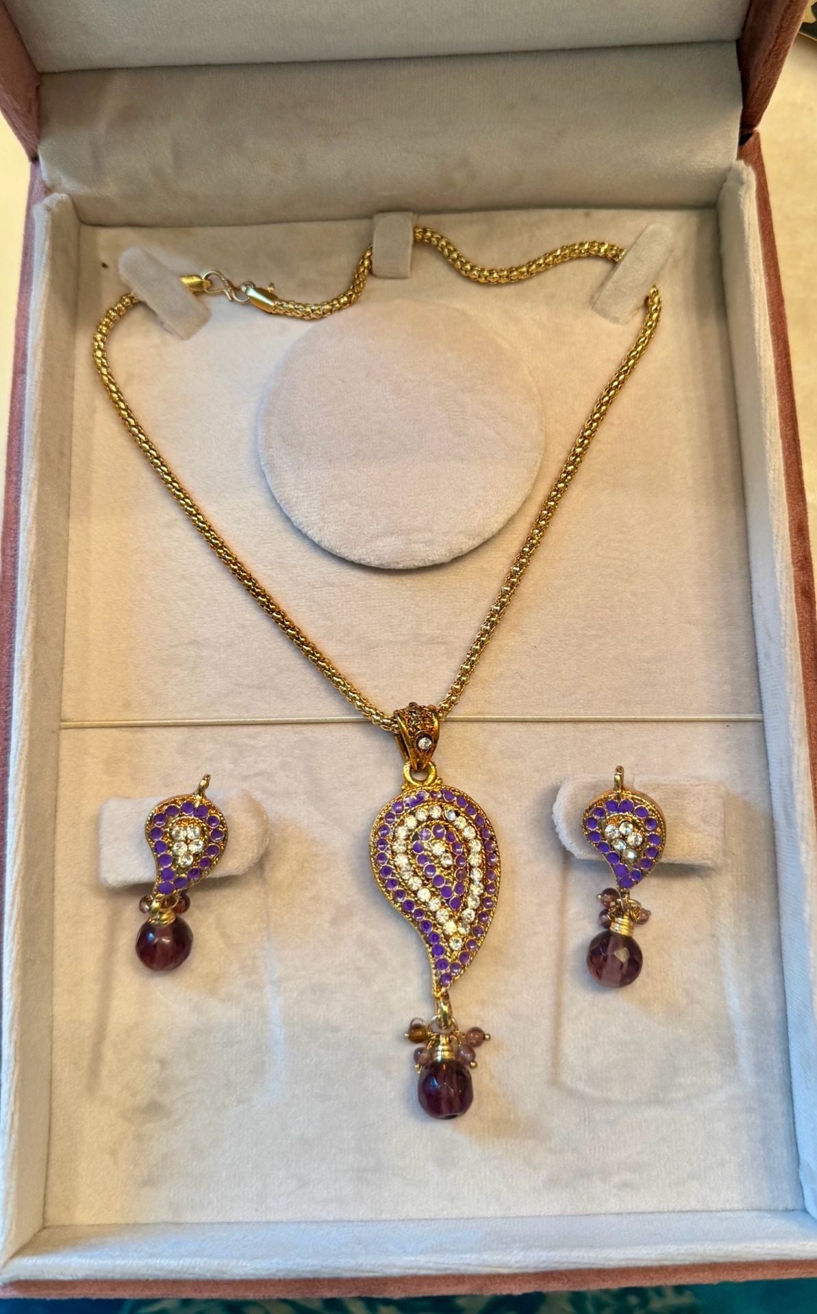 Amethyst and Crystal Paisley Pendant Necklace and earrings Set 1