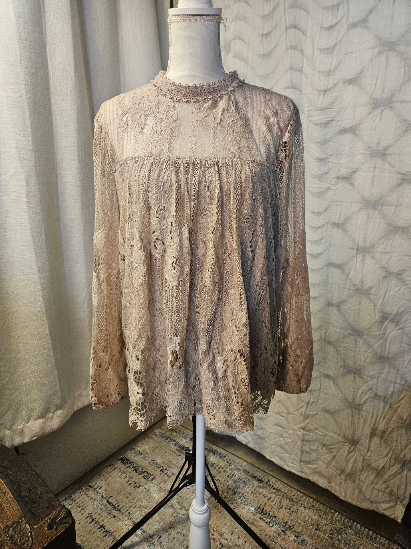 Taylor & Sage Mock Neck Lace Blouse Size S Pink Long Sleeve Overlay Top 3