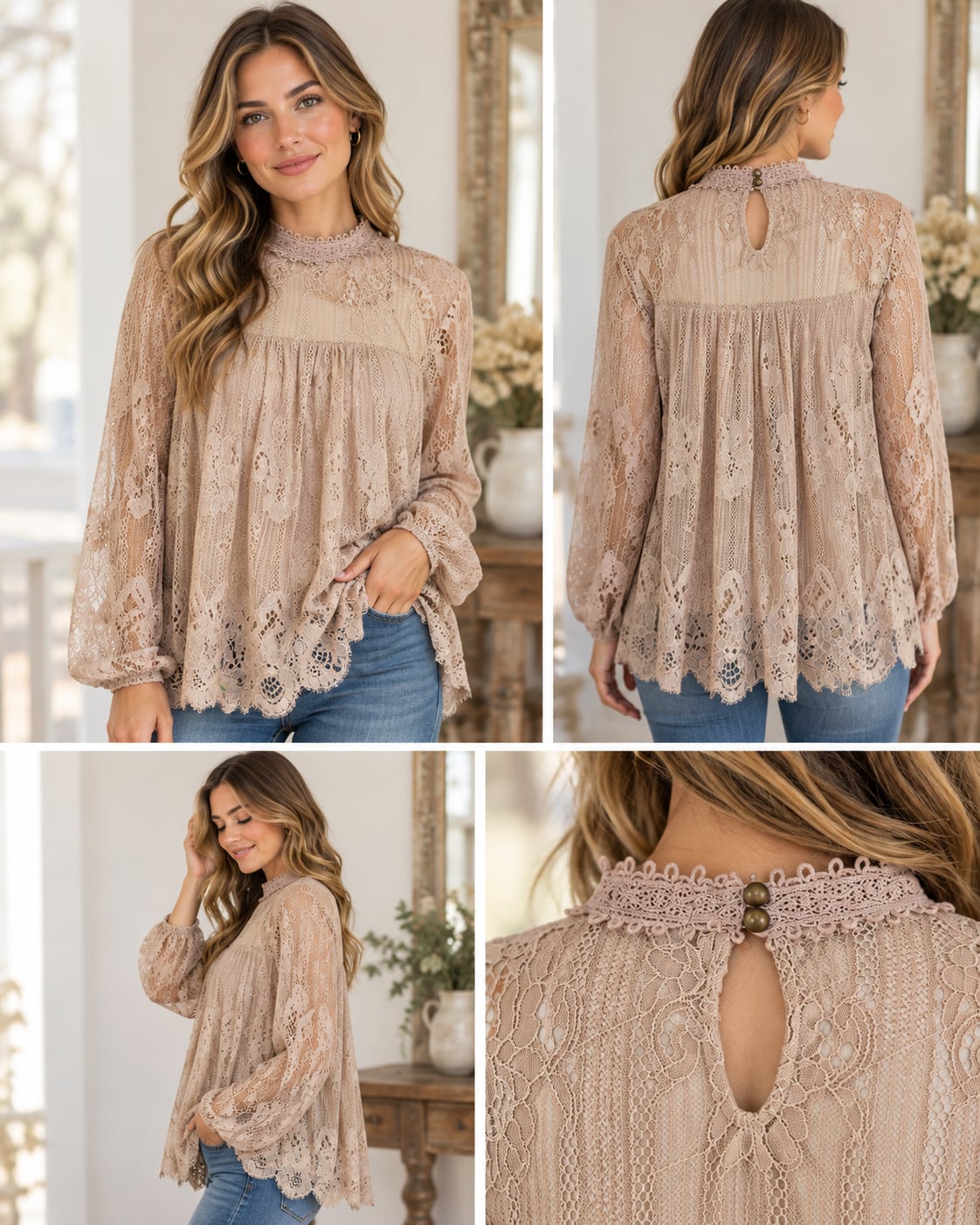 Taylor & Sage Mock Neck Lace Blouse Size S Pink Long Sleeve Overlay Top 2