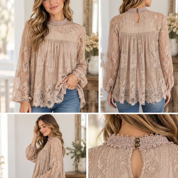 Taylor & Sage Mock Neck Lace Blouse Size S Pink Long Sleeve Overlay Top