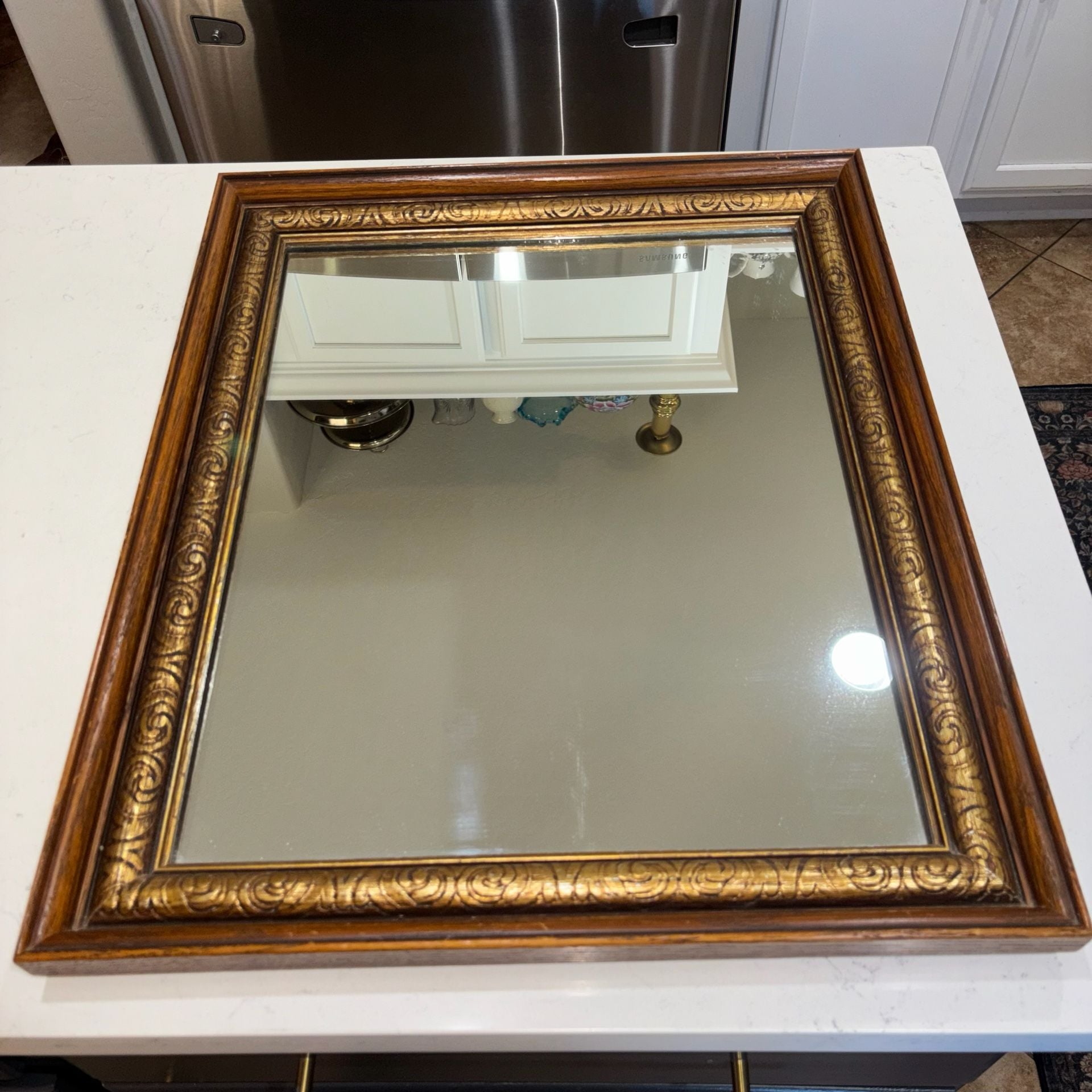 Vintage Heavy Ornate Gold And Solid Wood Framed Wall Mirror 24”x20” 1