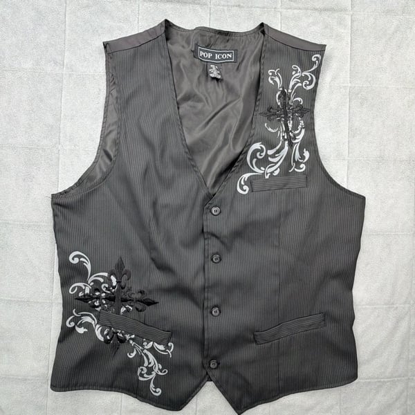 Pop Icon Pinstripe Vest Size XL Gothic Cross Embellished Black
