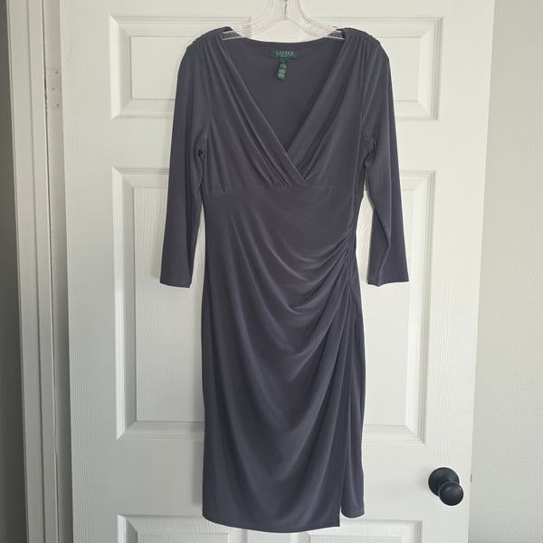 Lauren Ralph Lauren Faux Wrap Ruched Jersey Dress Grey Size 6 EUC