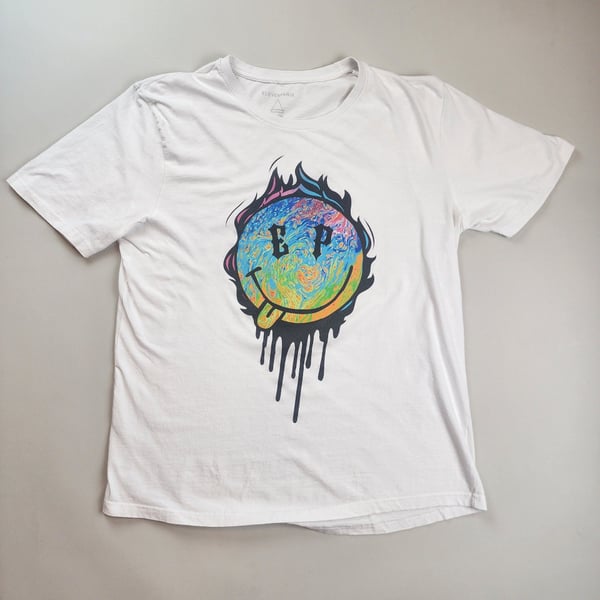 Eleven Paris Melted Psych Smiley Face Graphic White T-Shirt Size XL