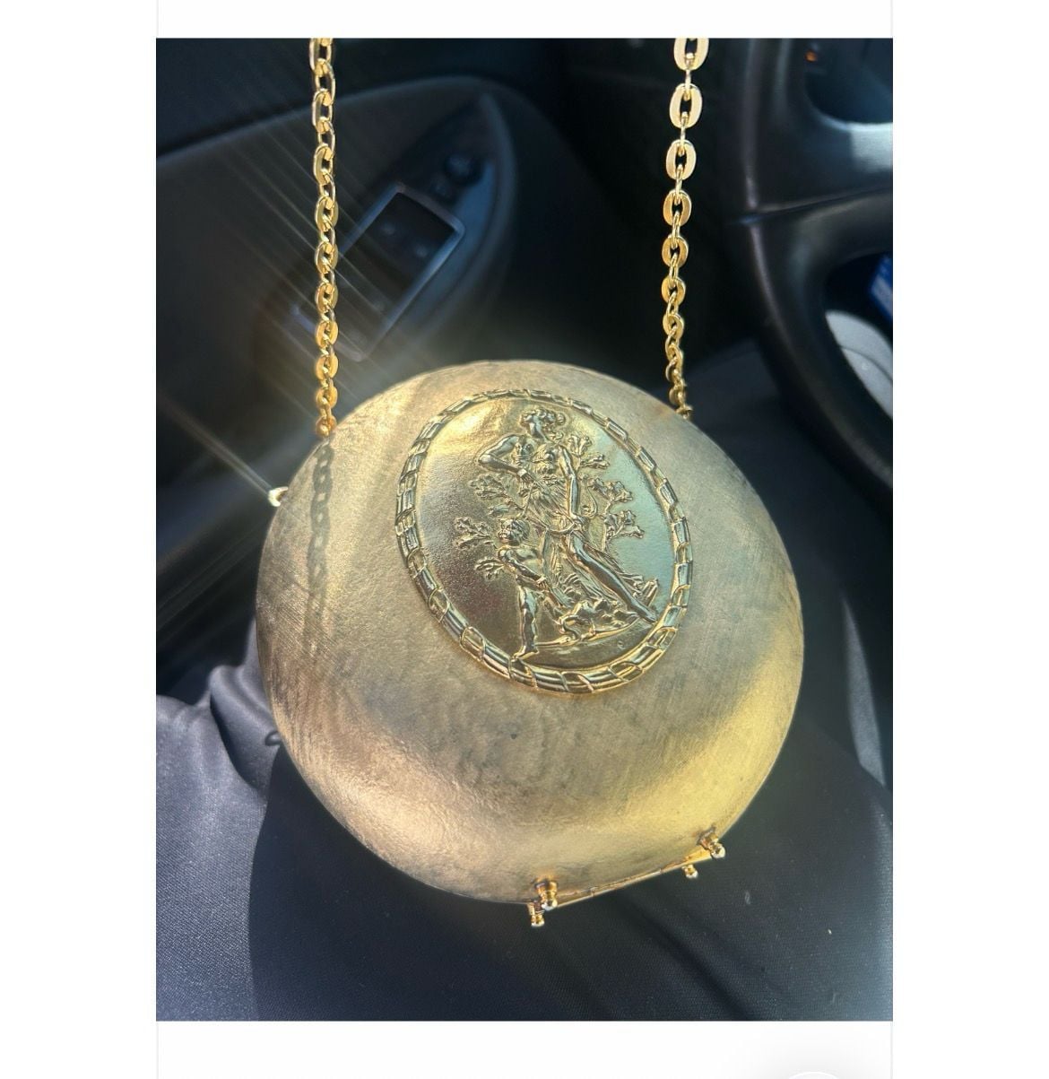 Vintage Hard Case Purse , Formal, Gold , Metal , Footed ,textured,raised Center Depiction of Art 2