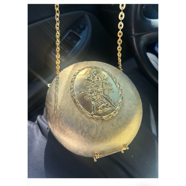 Vintage Hard Case Purse , Formal, Gold , Metal , Footed ,textured,raised Center Depiction of Art