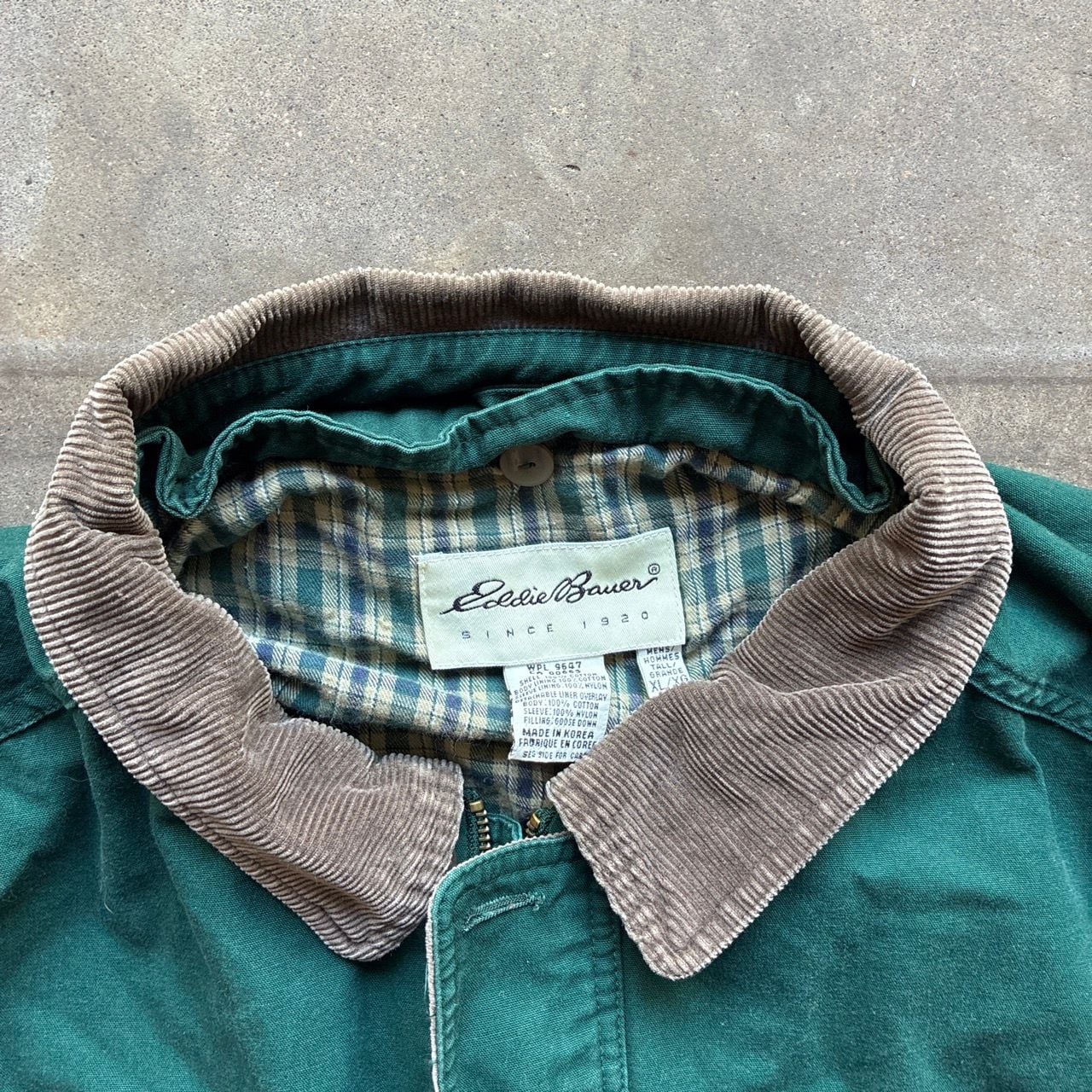 1990’s Eddie Bauer Canvas Chore Jacket Size XL/XG Green Corduroy Collar 4