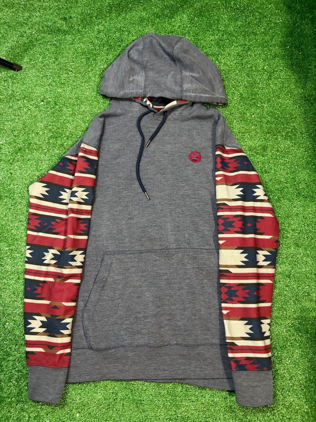 Hooey Southwestern Sleeve Block Hooded Sweatshirt Size S Gray Red Blue 2