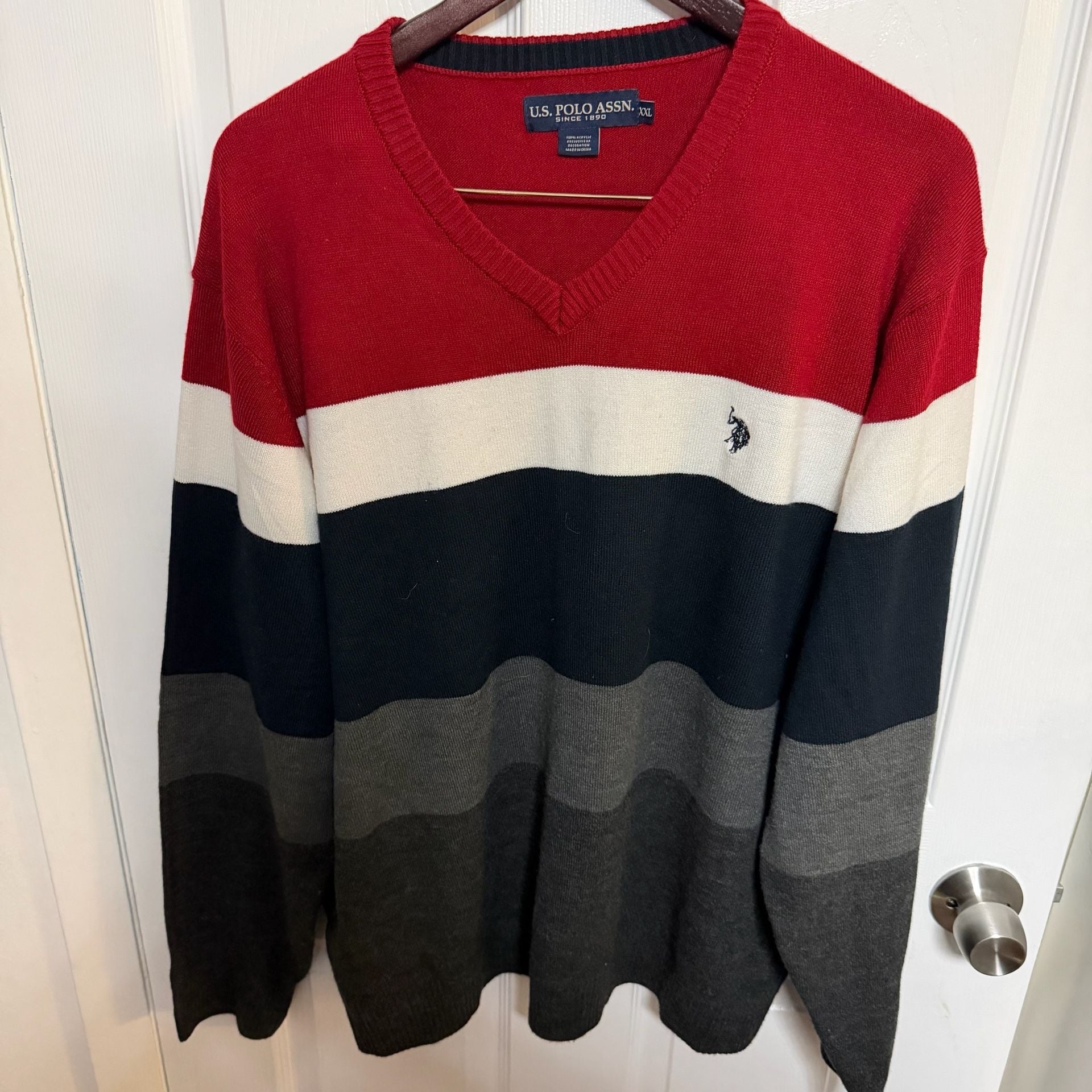 U.S. Polo Assn. V-Neck Sweater Size XXL Red White Black Gray Striped Acrylic 2