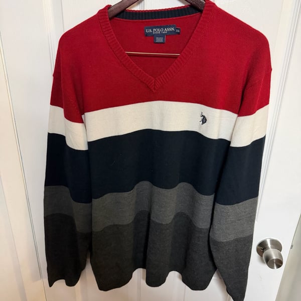 U.S. Polo Assn. V-Neck Sweater Size XXL Red White Black Gray Striped Acrylic