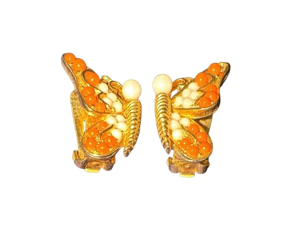 Marvella Gold Tone Faux Coral and Pearl Butterfly Clip Earrings 2