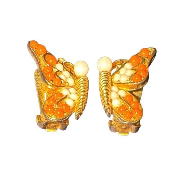 Marvella Gold Tone Faux Coral and Pearl Butterfly Clip Earrings