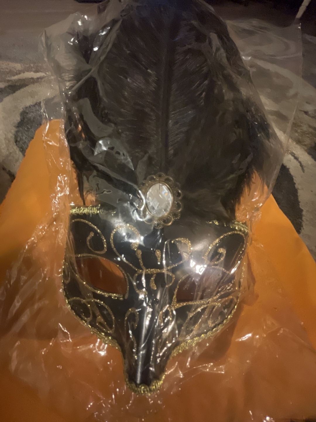 Black and Gold Masquerade Mask with Feathers and Jewel 2