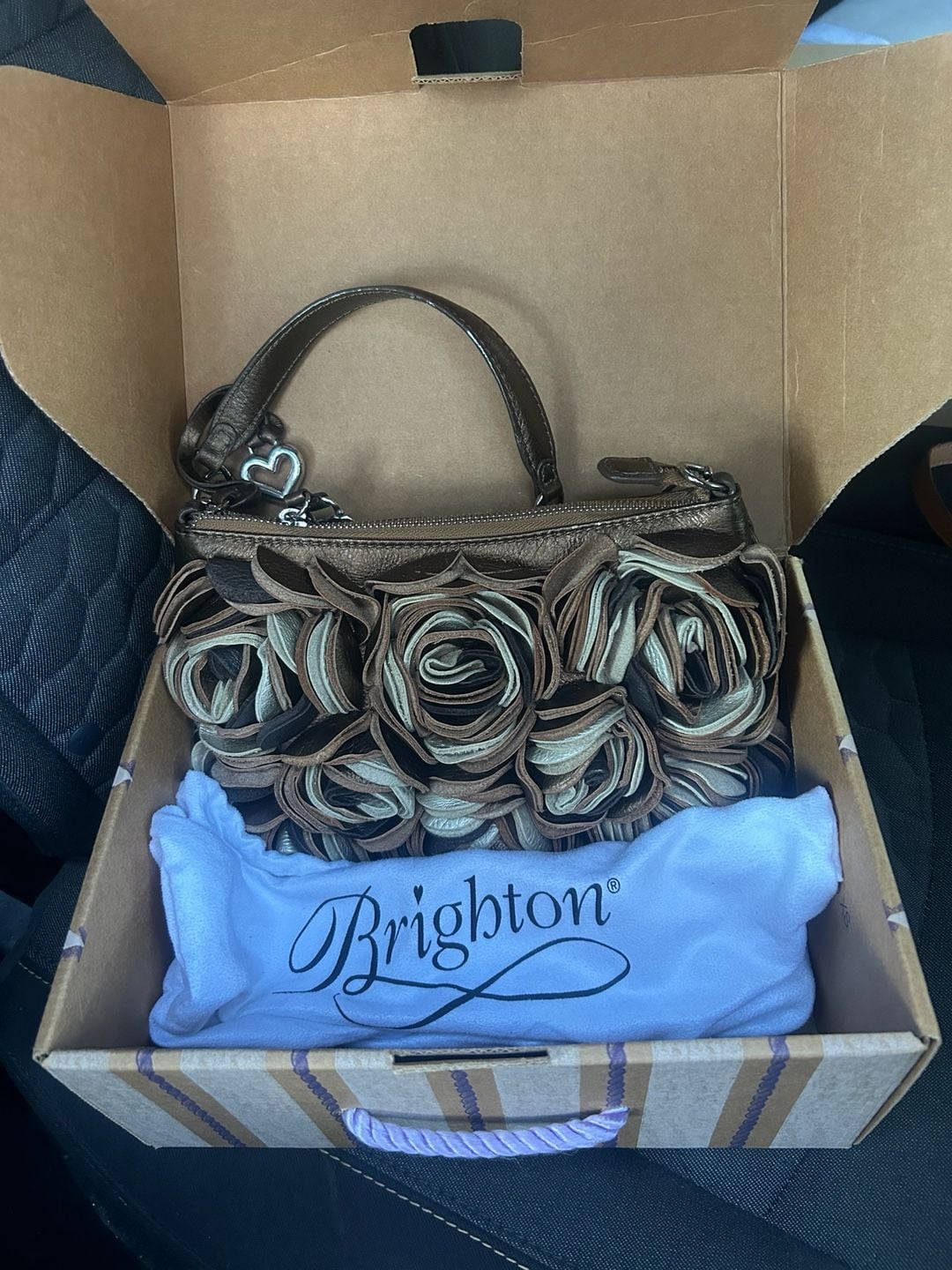 Brighton Bronze Copper Brown Leather 3D Velvet Rose Floral Handbag Purse 1