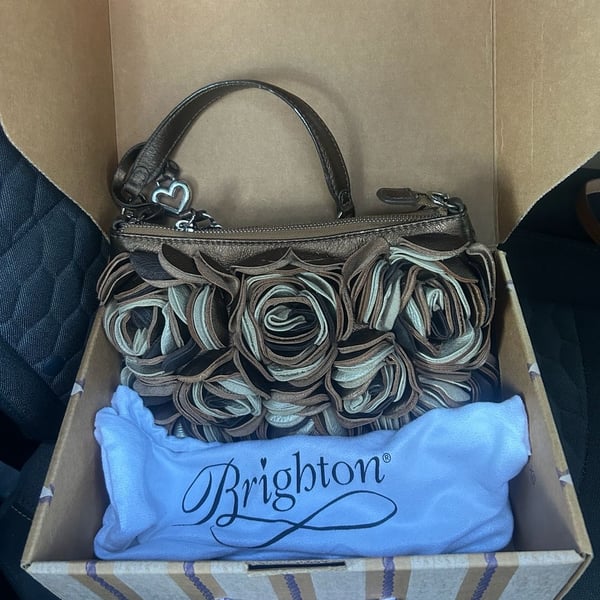 Brighton Bronze Copper Brown Leather 3D Velvet Rose Floral Handbag Purse