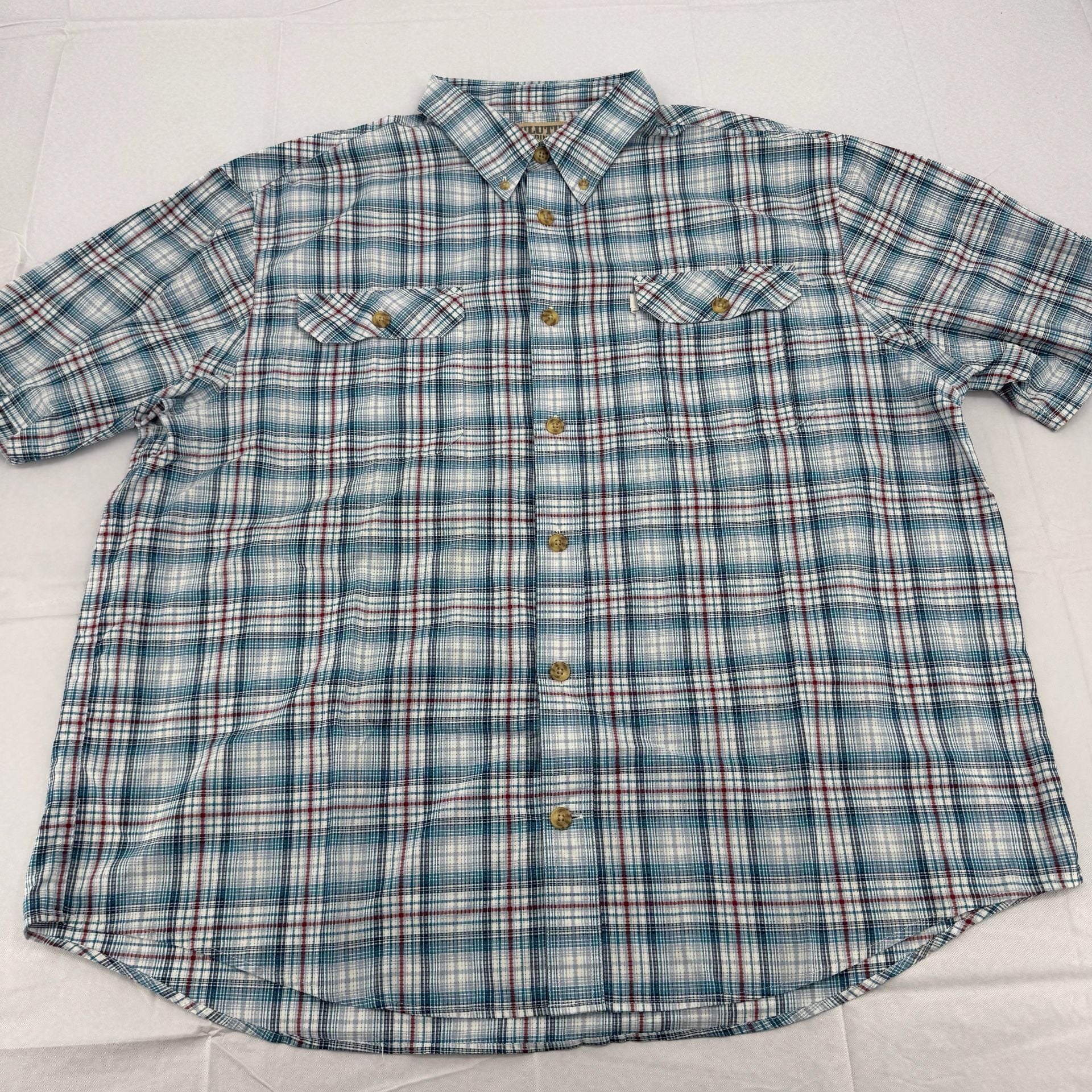 Duluth Trading Co Plaid Button Up Shirt Size 2XL Blue White Red Short Sleeve 2