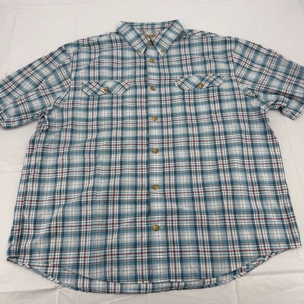 Duluth Trading Co Plaid Button Up Shirt Size 2XL Blue White Red Short Sleeve
