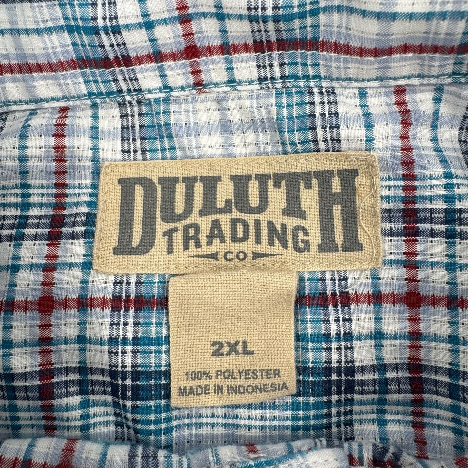 Duluth Trading Co Plaid Button Up Shirt Size 2XL Blue White Red Short Sleeve 3