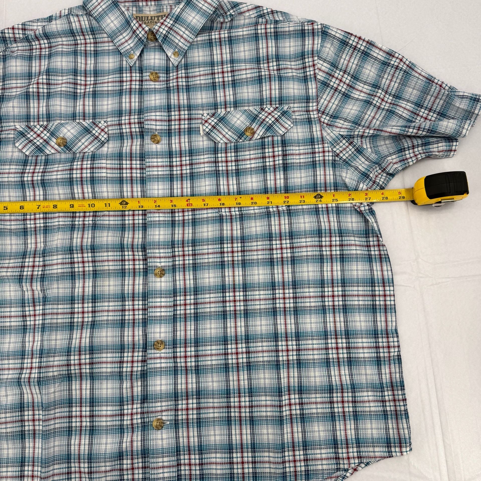Duluth Trading Co Plaid Button Up Shirt Size 2XL Blue White Red Short Sleeve 5