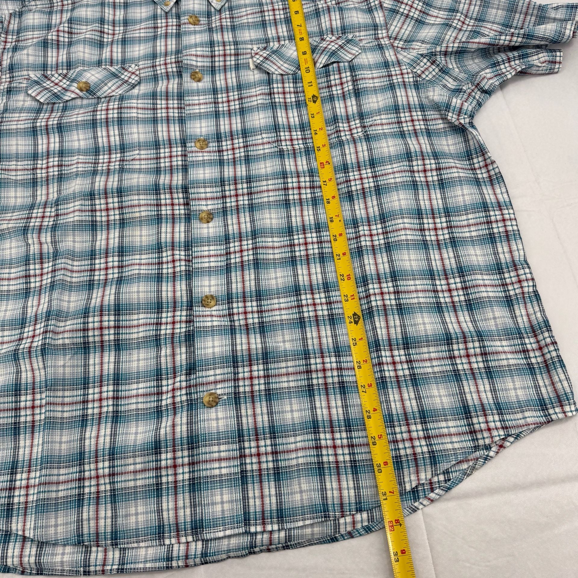 Duluth Trading Co Plaid Button Up Shirt Size 2XL Blue White Red Short Sleeve 6