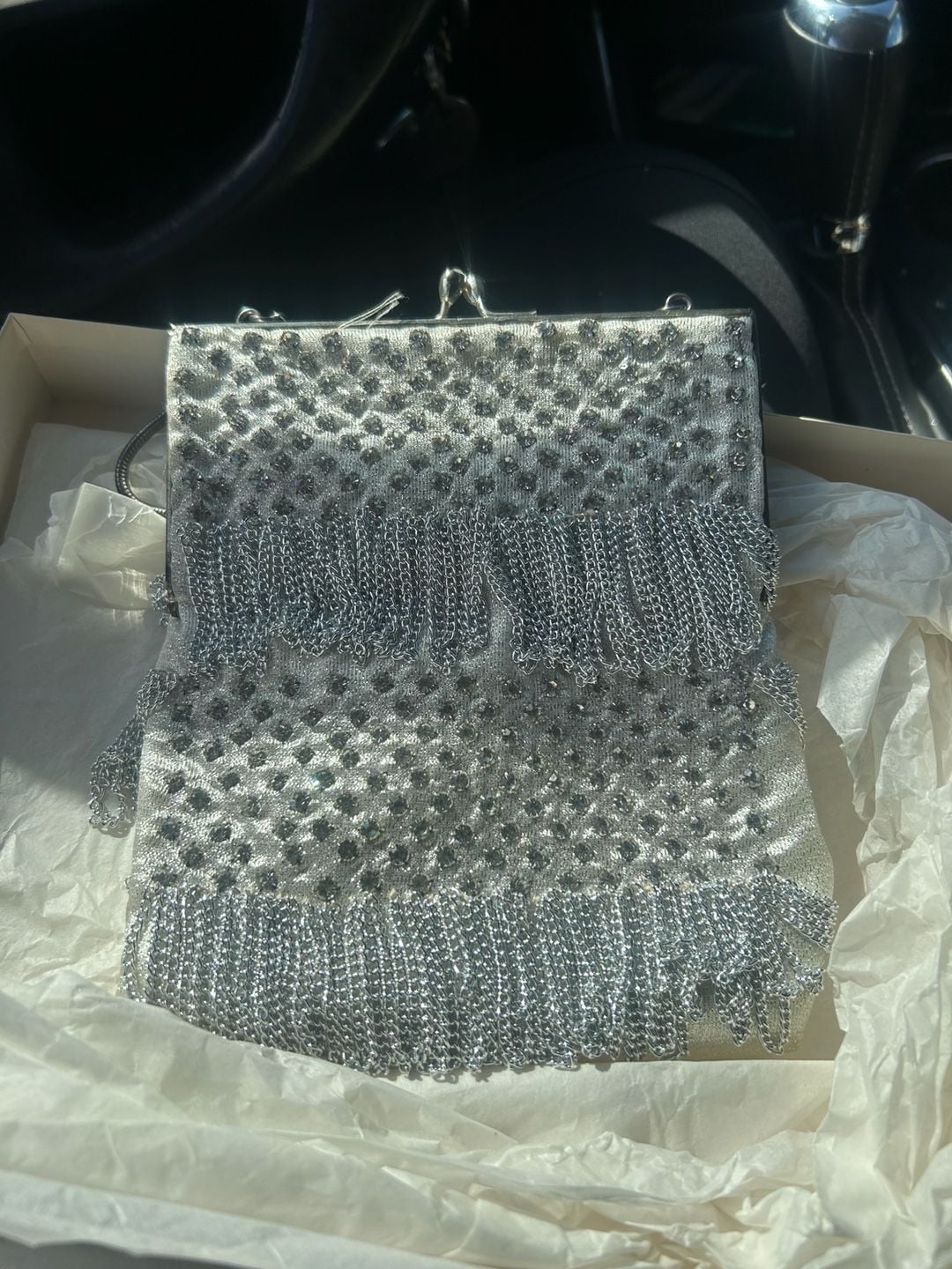 Silver Beaded Fringe Clutch Bag with Chain Tassels 1