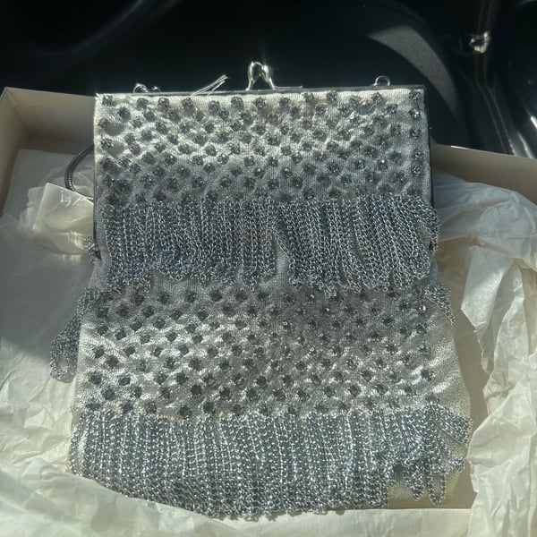 Silver Beaded Fringe Clutch Bag with Chain Tassels