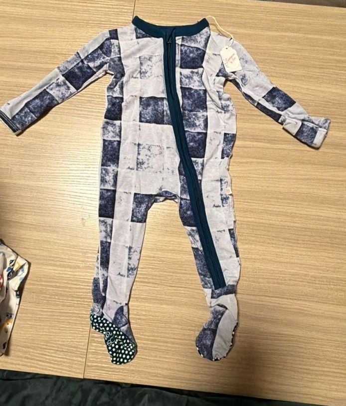 Posh Peanut Blue and White Checkered Pattern Footed Pajamas 0-3 Months 2