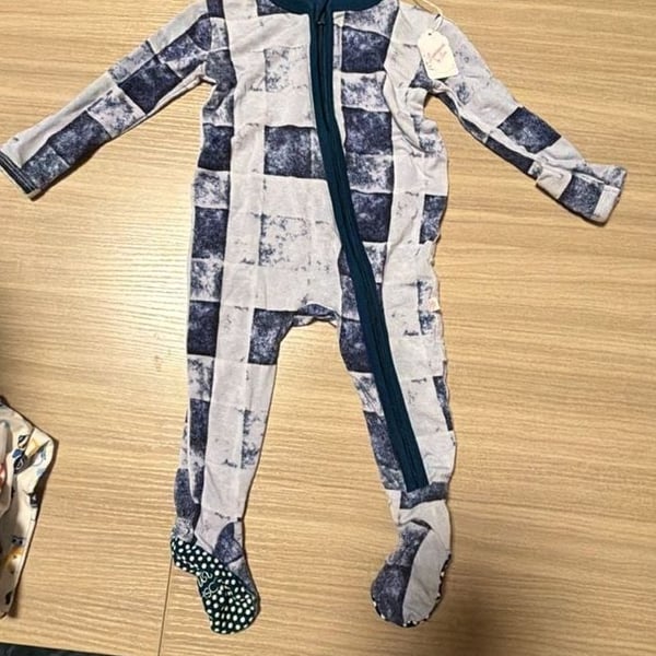 Posh Peanut Blue and White Checkered Pattern Footed Pajamas 0-3 Months
