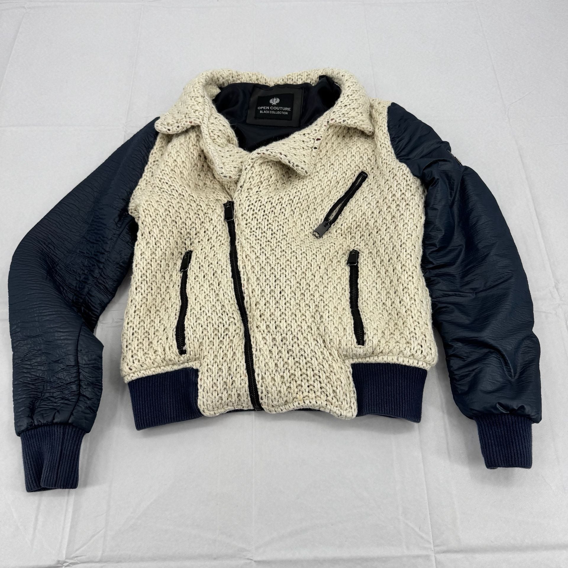 Open Couture Black Collection Cream and Black Knit Sherpa Aviator Jacket Size S 2