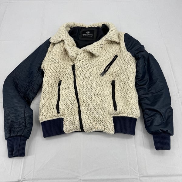 Open Couture Black Collection Cream and Black Knit Sherpa Aviator Jacket Size S