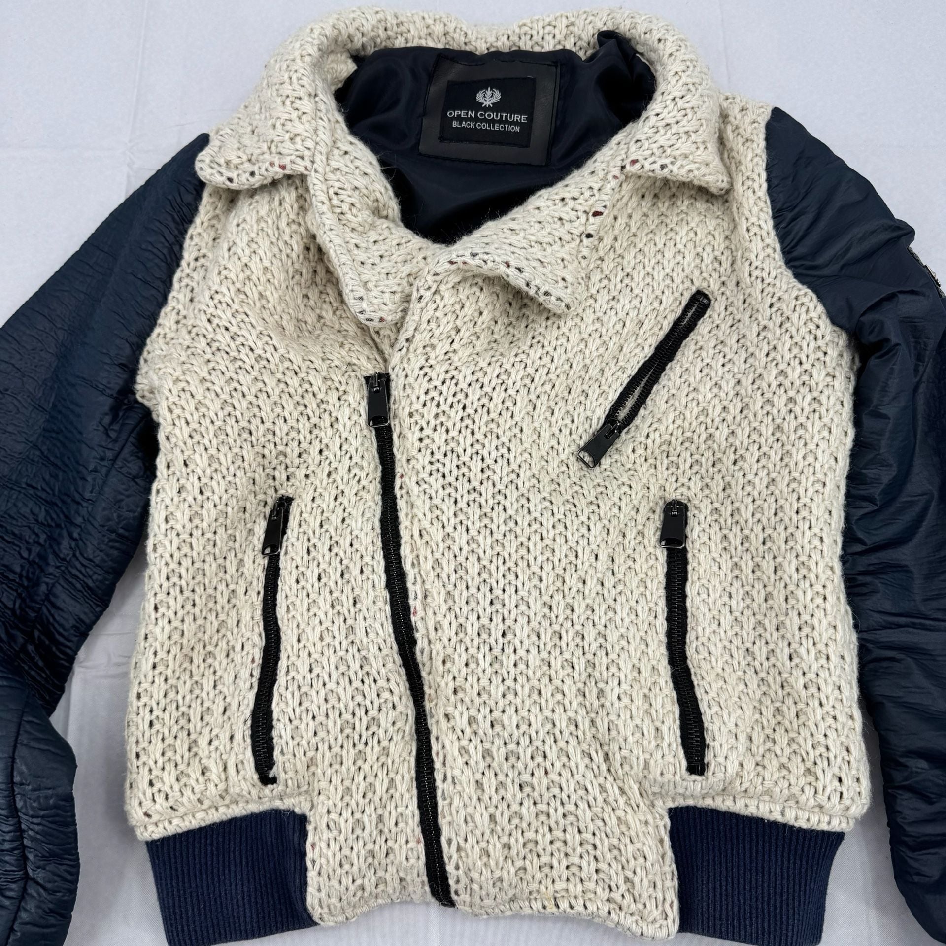 Open Couture Black Collection Cream and Black Knit Sherpa Aviator Jacket Size S 4