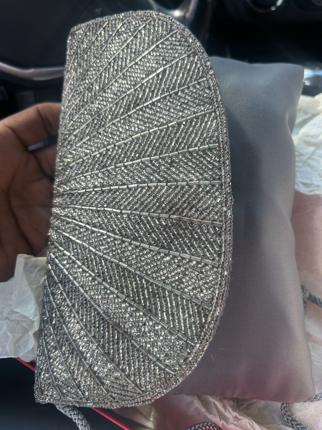 Vintage Silver Beaded Clutch Evening Bag with Detachable Chain Strap 1