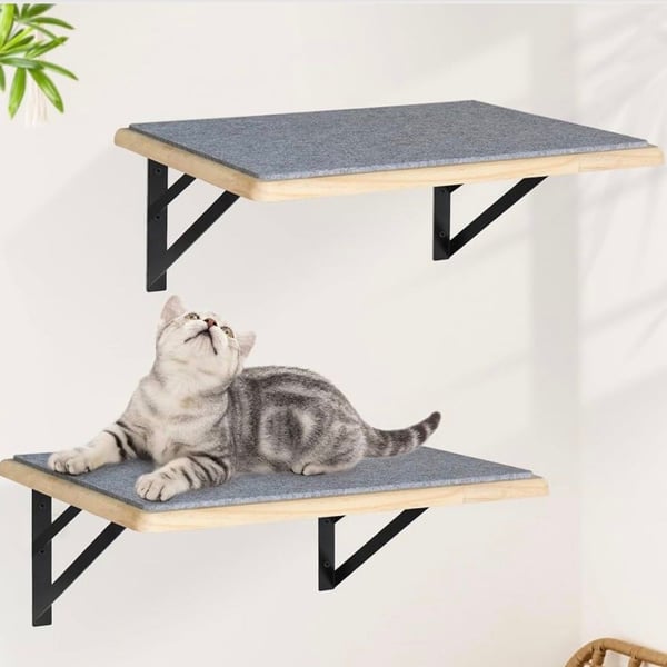 Cat Wall Shelves Set of 2 Wood Cat Shelves for Wall with Scratching Pad and Felt