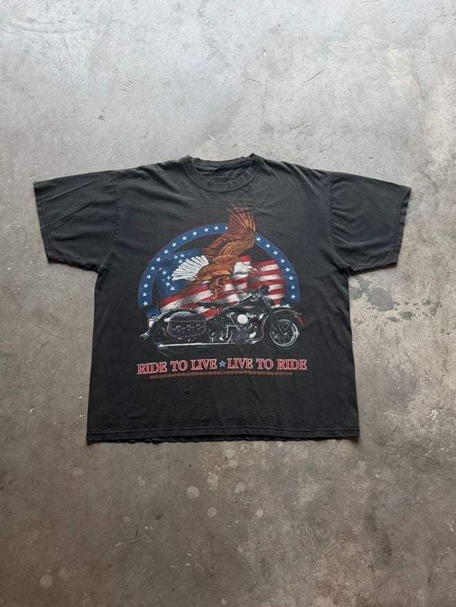 Vintage 90s/00s Faded Black Eagle Motorcycle Live To Ride Graphic T-Shirt 2