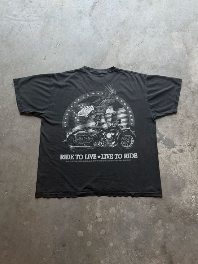 Vintage 90s/00s Faded Black Eagle Motorcycle Live To Ride Graphic T-Shirt 7