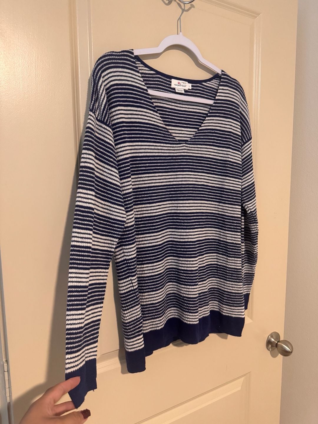 Vineyard Vines Navy White Striped V-Neck Linen Sweater Size L 3