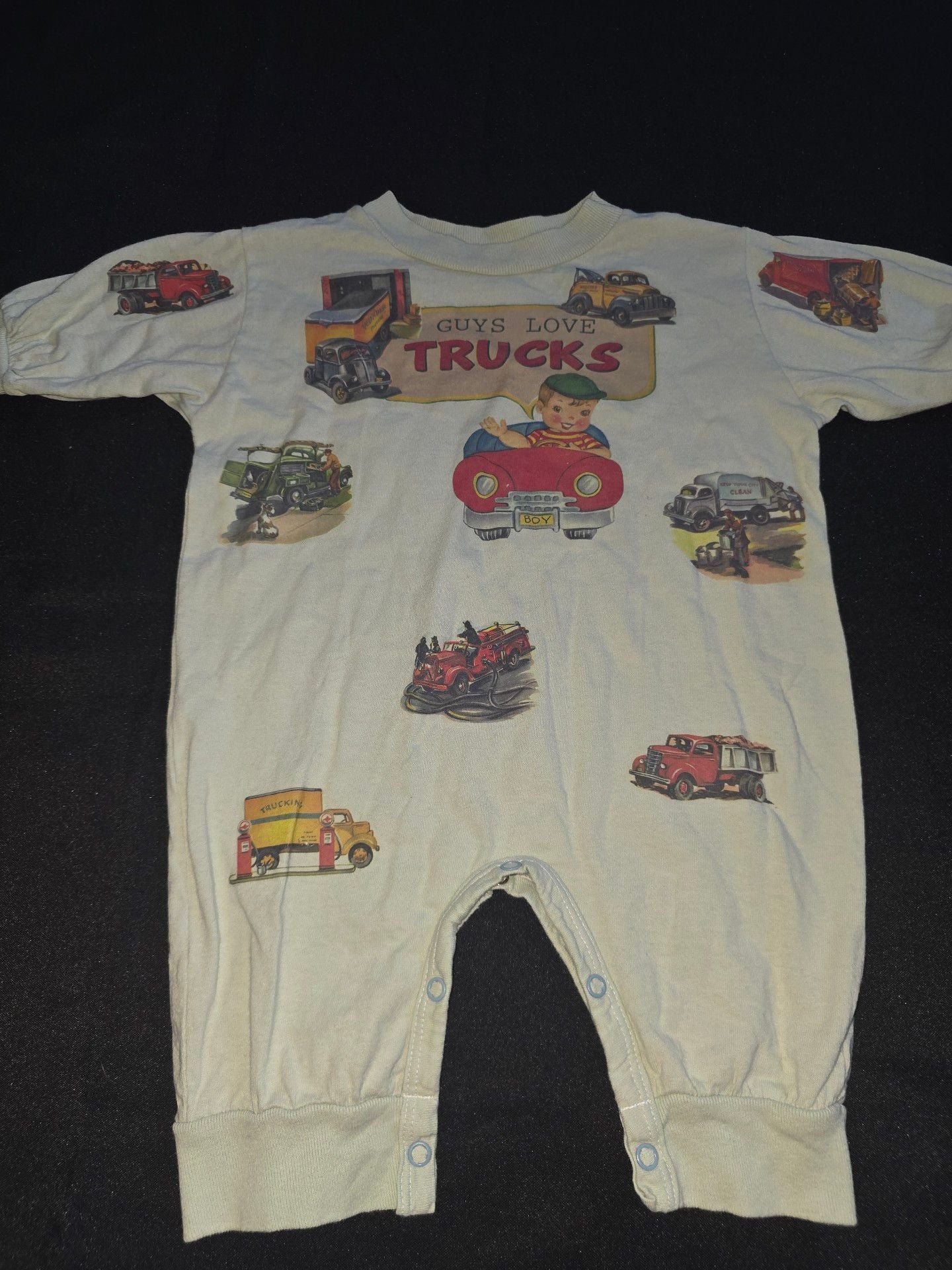 she's the one Guys Love Trucks Romper Size M Retro Vehicles Print 2