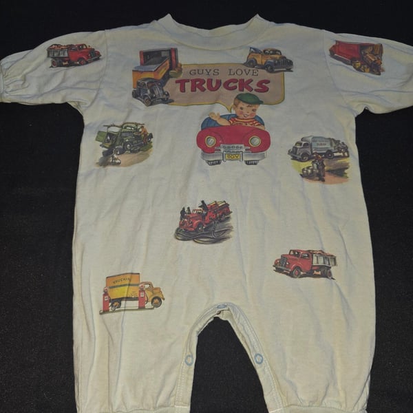 she's the one Guys Love Trucks Romper Size M Retro Vehicles Print